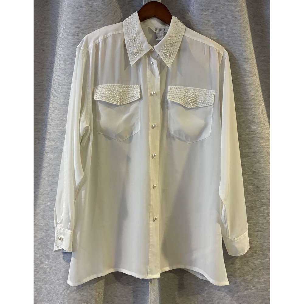 VTG‎ SELLECCA SHIRT WOMENS SZ 14 FAUX PEARL EMBELLISHED COLLAR CUFFS BUTTON UP